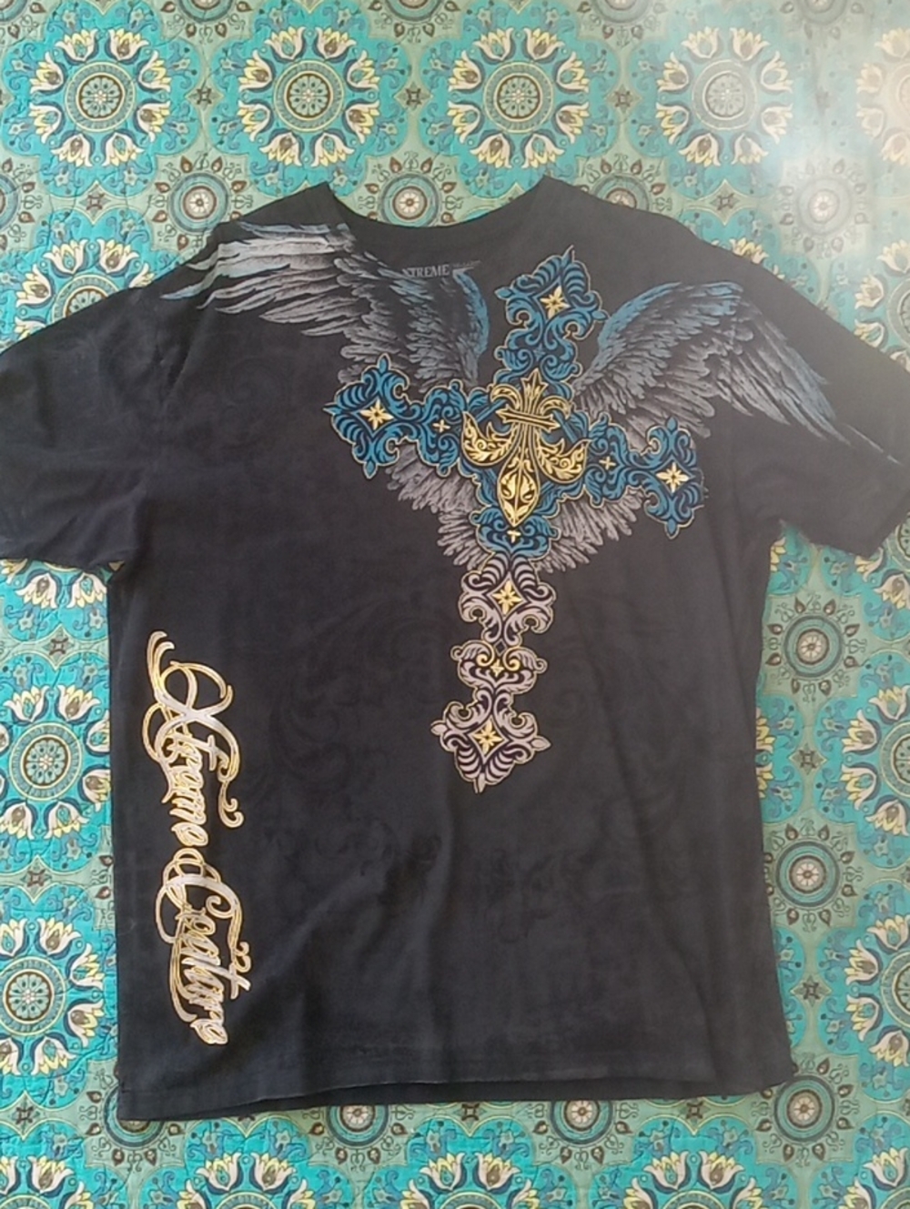 Black Short-Sleeve Tee with Winged Cross Graphic